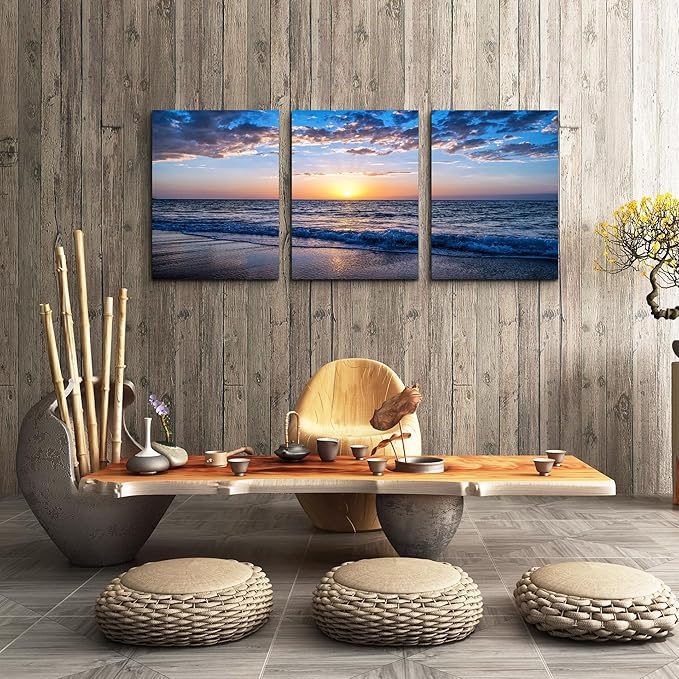Framed Canvas Wall Art for living room Large Size Office Wall Decor Sunrise blue sea view Wall Pictures Artwork ocean Paintings Ready to Hang for Modern bedroom Home Decoration 16" x 24" 3 Pieces