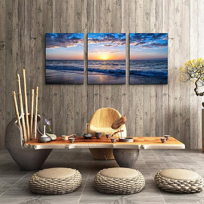 Framed Canvas Wall Art for living room Large Size Office Wall Decor Sunrise blue sea view Wall Pictures Artwork ocean Paintings Ready to Hang for Modern bedroom Home Decoration 16" x 24" 3 Pieces