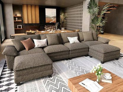 SUNSHINE VALLEY U Shaped Modular Cloud Couch, 157.5'' Oversized Chenille Sectional Sofa with Wider Armrest and Ottoman, Upholstered 6-Seat Modern Deep Seat for Bedroom Living Room, Smoky Grey