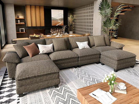 SUNSHINE VALLEY U Shaped Modular Cloud Couch, 157.5'' Oversized Chenille Sectional Sofa with Wider Armrest and Ottoman, Upholstered 6-Seat Modern Deep Seat for Bedroom Living Room, Smoky Grey