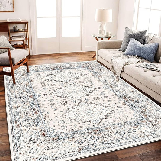 CHAMPLANT Washable Area Rug 8x10 Retro Flowers Boho Design Non-Shedding Easy Care Ideal for High Traffic Areas in Living Room Bedroom Office Coffee Table Kitchen Large Carpet
