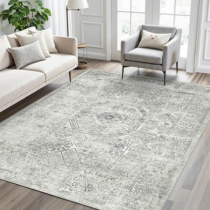 Soalmost 5x7 Area Rugs Grey Low Pile Indoor Washable Trendy Faded Style Floral Rugs for Bedroom Living Room Dining Room Foldable Non-Slip Thin Print Mat