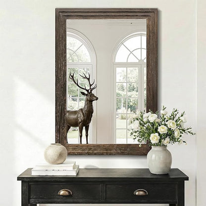 Wood Framed Mirrors for Wall, Brown Bathroom Vanity Mirror for Over Sink 26 x 38, Rustic Wall Mirror for Bathroom Sink Hallway Entryway Bedroom Living Room Farmhouse Boho Style