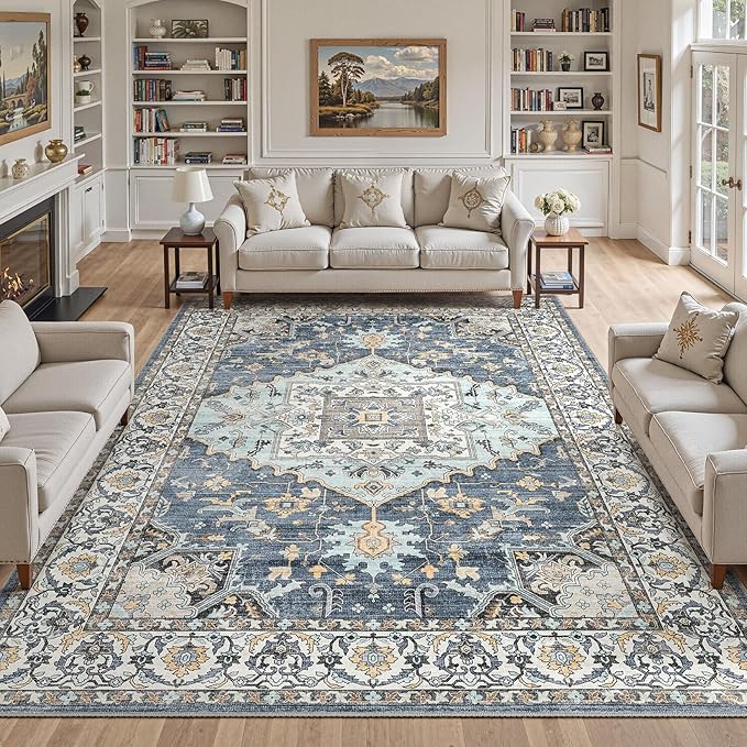 10x14 Washable Area Rugs for Living Room: Non Slip Vintage Blue Yellow Rug, Large Soft Stain Resistant Indoor Floor Carpets for Bedroom Dining Room Nursery Home Office Kid & Pet Friendly