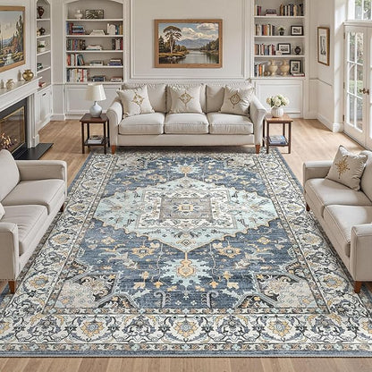 10x14 Washable Area Rugs for Living Room: Non Slip Vintage Blue Yellow Rug, Large Soft Stain Resistant Indoor Floor Carpets for Bedroom Dining Room Nursery Home Office Kid & Pet Friendly