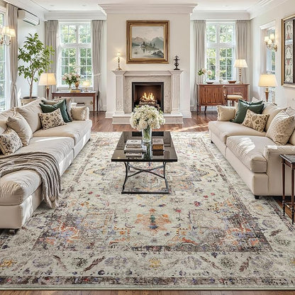 YOH Boho Washable Rug 6x9, Vintage Multi Non Slip Area Rug, Distressed Indoor Carpet for Living Room Bedroom Kitchen Office