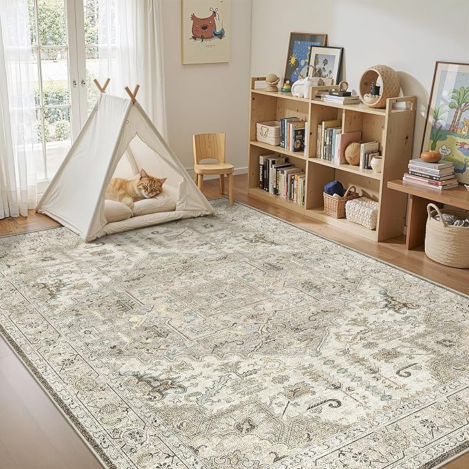 6x9 Area Rugs for Living Room, Machine Washable Non Slip Vintage Rug, Non-Slip Stain Resistant, Large Soft Home Decor Rug for Bedroom Dining Room (Brown/Ivory,6'x9')