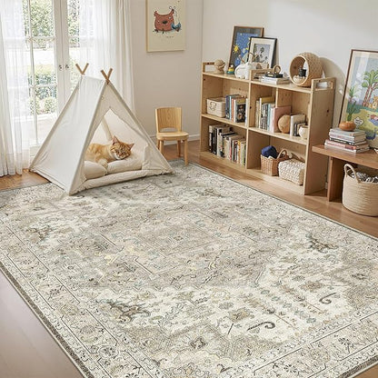 6x9 Area Rugs for Living Room, Machine Washable Non Slip Vintage Rug, Non-Slip Stain Resistant, Large Soft Home Decor Rug for Bedroom Dining Room (Brown/Ivory,6'x9')