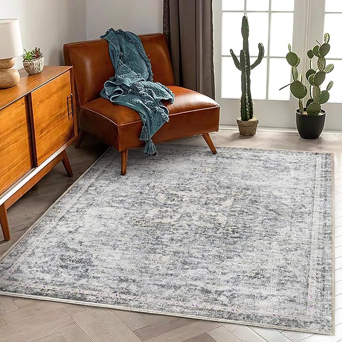 CHAMPLANT Washable Area Rug 3'x5' Vintage Traditional Floor Cover Foldable Thin Rugs Retro Kitchen Indoor Distressed Non Slip Carpet Floral Print Mat Bedroom Living Room