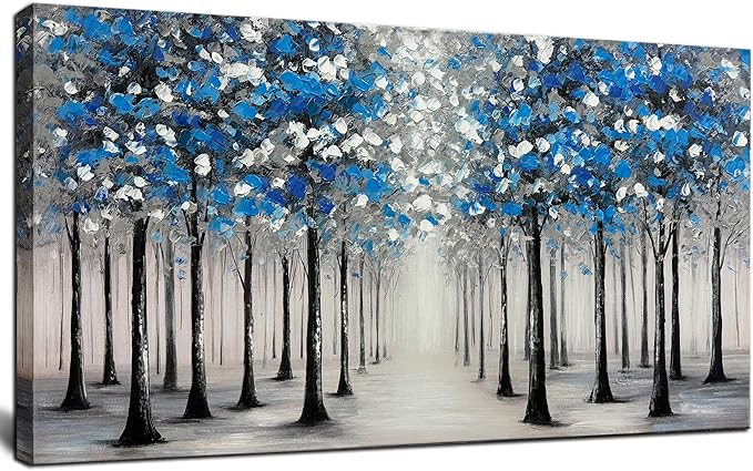 Trogonup Large Forest Wall Art for Living Room Blue and White Trees Landscape Painting Modern Textured Oil Painting for Bedroom Office Home Decor 20x40 Inch