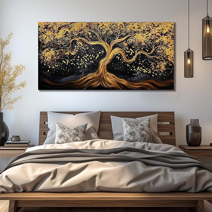 JKWALL77 Tree Of Life Hand Painting Wall Decor For Living Room Black And Gold Wall Decor For Office Tree Huge Canvas Wall Art For Bedroom Size 36 x 72 Inch