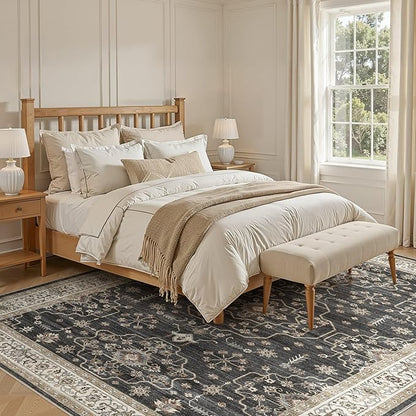 Area Rug for Living Room - 10x12 Soft Washable Oriental Vintage Floral Distressed Large Carpet - Fade Stain Resistant Non Slip Rugs for Bedroom Dining Room Nursery Dorm Office Home Decor - Black