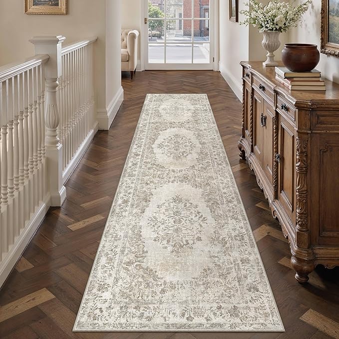 PureCozy 2'6"x8' Runner Rug Beige Washable Hallway Kitchen Bedroom Vintage Distressed Bathroom Non Slip Medallion Floral Carpet Indoor Retro Throw Floor Mat for Office Dining Laundry Living Room