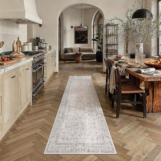 PureCozy Gray Runner Rug 2x8 Hallway Machine Washable Kitchen Vintage Distressed Non Slip Long Carpet Indoor Grey Retro Floral Bedroom Accent Throw Rug for Bathroom Office Laundry Dining Living Room