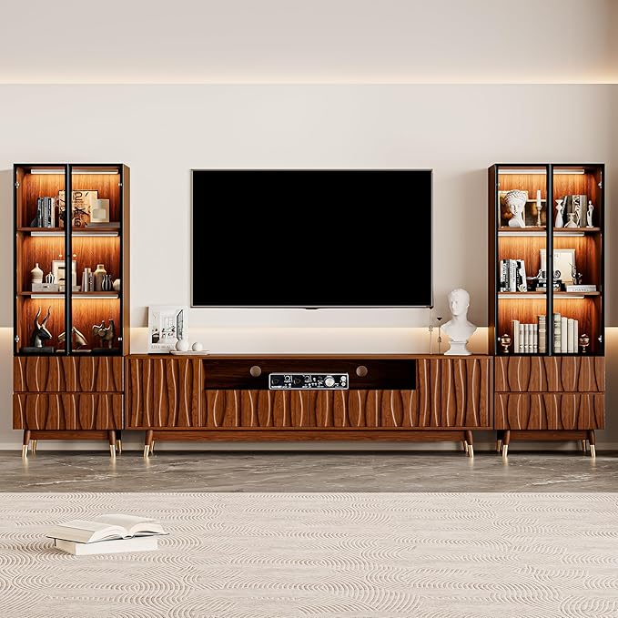 125" Walnut Finish Entertainment Center for 55/65/75 inch TV, Included 78.7'' TV Stand and 2 Glass Display Cabinet, 3-Piece Brown Mid Century Modern Wood Media Console for Living Room