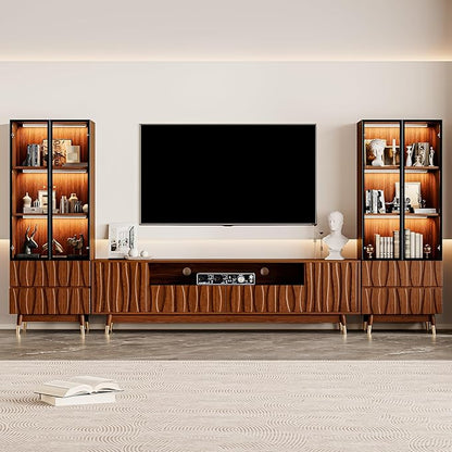 125" Walnut Finish Entertainment Center for 55/65/75 inch TV, Included 78.7'' TV Stand and 2 Glass Display Cabinet, 3-Piece Brown Mid Century Modern Wood Media Console for Living Room