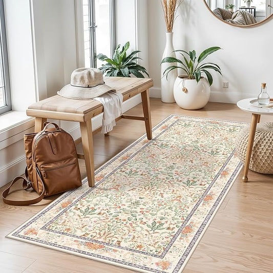 2x5 Non-Slip Washable Runner Rug –Botanical Vintage Florals Small Rug for Hallway, Kitchen, Bathroom, Bedroom, Entryway, Laundry Room – Thin Soft Low-Pile Rubber Backing (Cream, 2x5)