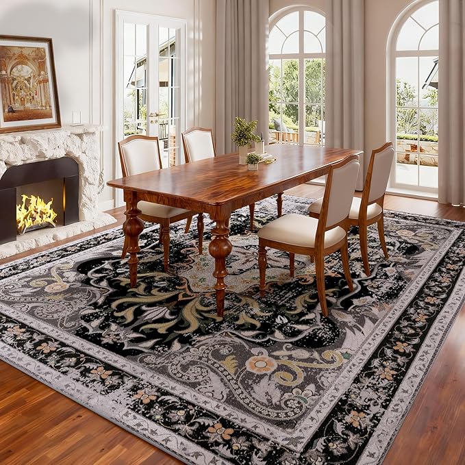 RUSHUFFY 8x10 Washable Area Rugs for Living Room, Non-Slip Large Boho Vintage Retro Print Pattern Carpet for Bedroom Dorm Dining Room Farmhouse Nursery Home Office, Black & Gold
