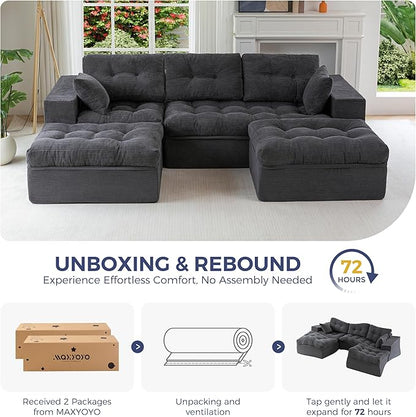 MAXYOYO 104" U Shaped Modular Sectional Sofa with 2 Ottomans, Cloud Boneless Couch with Layered Cushion, Flexible Module Combination Sofa for Living Room, No Assembly Required, Dark Grey