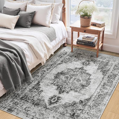 Area Rug 3x5 Vintage Rug: Washable Indoor Medallion Rug Low Pile Distressed Floor Carpet Retro Accent Doormat for Bedroom Bathroom Hallway Kitchen Home Office(Black, 3'x5')