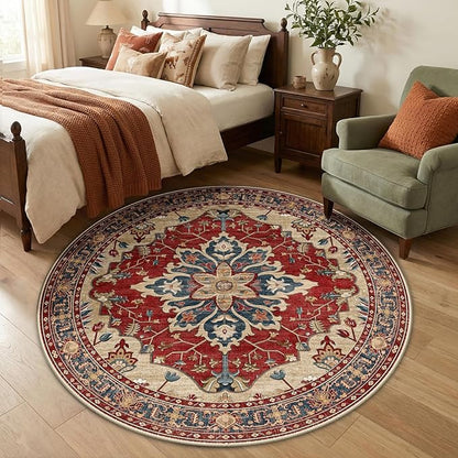 RELEANY Area Rugs Round 5ft Washable Non-Slip, Floral Vintage Distress Print Pattern Medallion Carpet for Living Room Bedroom Dining Room, Red Blue