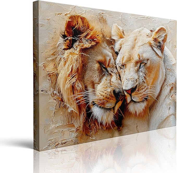 Romantic Lion Couple Canvas Wall Art Framed Painting Lion and Lioness Affection Moment Warm Earthy Tones Impasto Texture Wildlife Wall Decor Artwork for Bedroom Office Den 16x24 Inches