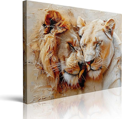 Romantic Lion Couple Canvas Wall Art Framed Painting Lion and Lioness Affection Moment Warm Earthy Tones Impasto Texture Wildlife Wall Decor Artwork for Bedroom Office Den 16x24 Inches