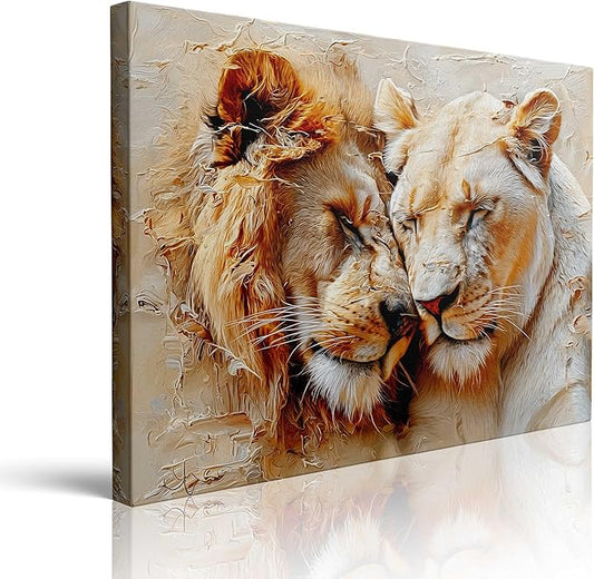 Romantic Lion Couple Canvas Wall Art Framed Painting Lion and Lioness Affection Moment Warm Earthy Tones Impasto Texture Wildlife Wall Decor Artwork for Bedroom Office Den 16x24 Inches