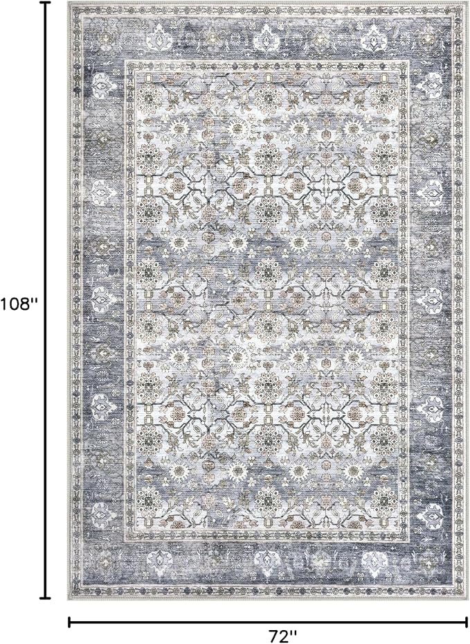 KUTA Vintage Floral Area Rug 6x9 Grey Blue, Washable Rugs for Living Room Non Slip, Ultra Thin Soft Print Distressed Flower Low-Pile Traditional Farmhouse Carpet for Bedroom Dining Room Dorm Office