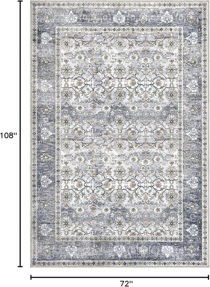 KUTA Vintage Floral Area Rug 6x9 Grey Blue, Washable Rugs for Living Room Non Slip, Ultra Thin Soft Print Distressed Flower Low-Pile Traditional Farmhouse Carpet for Bedroom Dining Room Dorm Office