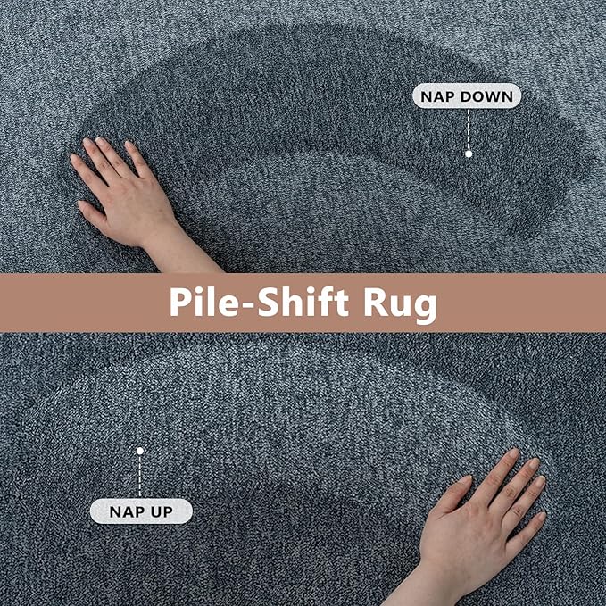 FinRèc 8x10 Washable Area Rugs for Bedroom Living Room, Low Pile Thin Rug Solid Color, Non-Slip Carpet Indoor for Home Decor (Grey Blue/White)