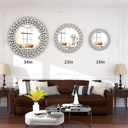 SHYFOY 18" Round Mirrors for Wall Decor Crystal Decorative Mirrors Jeweled Accent Mirror for Living Room Silver Modern Mirror for Entryway Hallway