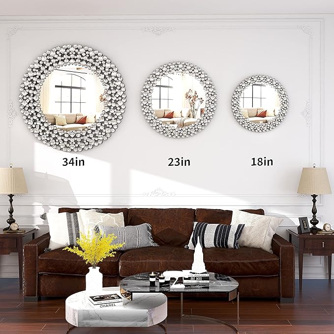 SHYFOY Crystral Round Mirror for Wall Decor,24" Large Wall Mirrors with Luxury Jeweled Decorative Mirror Circle Accent Mirrors for Living Room Bathroom Bedroom Fireplace Decor