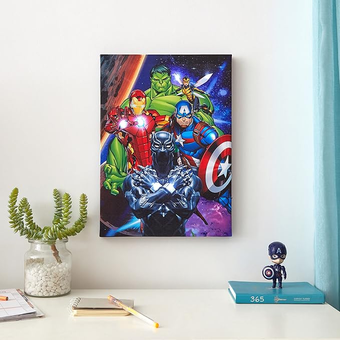 Marvel Avengers LED Canvas Wall Art, Kids Room Décor, Light Up Superhero Wall Hanging, 11.5"x15.75"