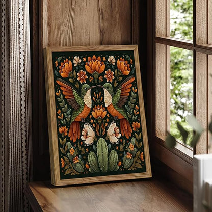 Framed Mexican Hummingbird Wall Art, Vintage Birds Animal Canvas Wall Decor Painting, Colorful Floral Cactus Botanical Poster Print Picture for Living Room Bedroom Bathroom 16x24 Inch