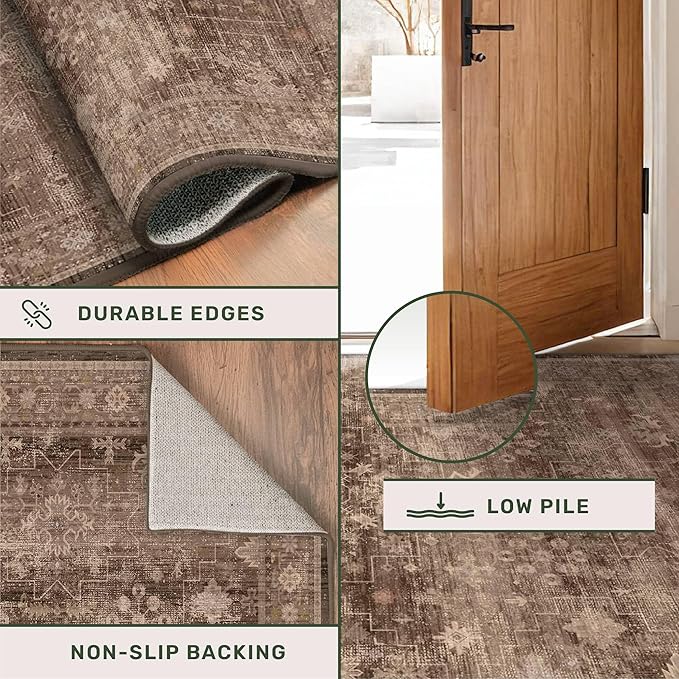 Hazo Haus Neutral Boho Washable 3x16 Extra Long Hallway Runner Rug, Brown Waterproof Large Kitchen Floor Rug Indoor, Non-Slip Stain & Fade Resistant, Vintage Dark Earthy Taupe Décor (3x16 Brown)