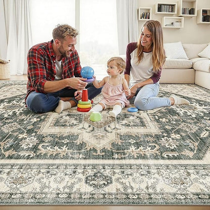 9x12 Area Rugs for Living Room - Large Carpet Ultra Thin Soft Washable Oriental Vintage Floral Distressed Rug Big Indoor Carpets for Bedroom Nursery Dorm Home Decor Aesthetic - Vintage Green