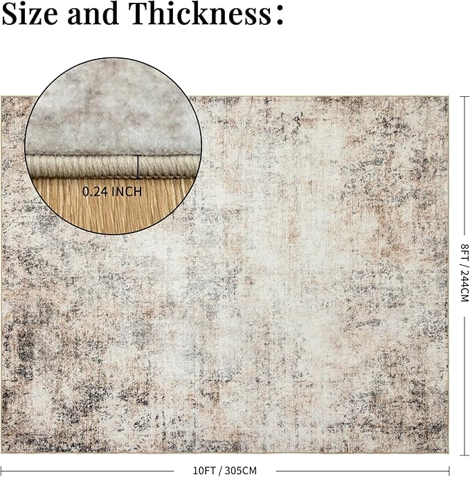 Washable Abstract Living Room Rugs: 8x10 Modern Neutral Indoor Rug for Bedroom Dining Room - Soft Thin Rubber Backing Easy Clean Floor Carpet Contemporary Home Decor - Beige Brown