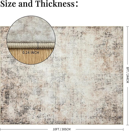 Washable Abstract Living Room Rugs: 8x10 Modern Neutral Indoor Rug for Bedroom Dining Room - Soft Thin Rubber Backing Easy Clean Floor Carpet Contemporary Home Decor - Beige Brown