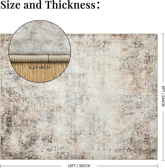 Washable Abstract Living Room Rugs: 8x10 Modern Neutral Indoor Rug for Bedroom Dining Room - Soft Thin Rubber Backing Easy Clean Floor Carpet Contemporary Home Decor - Beige Brown