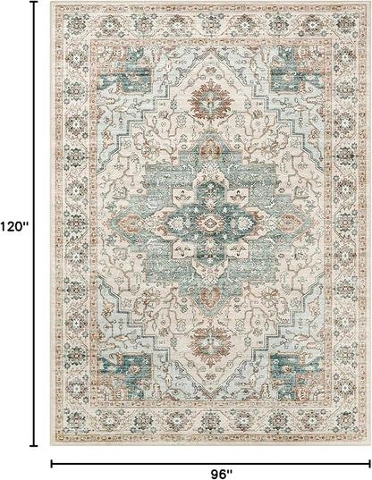 Washable Area Rug 8x10 - Soft Large Non Slip Rugs for Living Room Stain Resistant Vintage Carpet 8x10 Area Rugs for Bedroom Dining Room Decor (Green/Beige 8'x10')