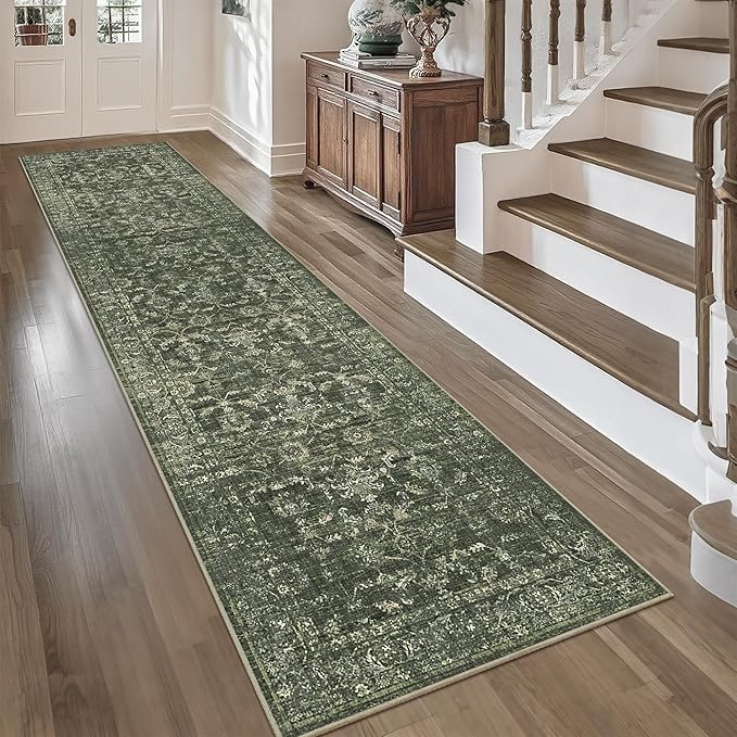 2.6x10 Green Runner Rug Hallway Washable Area Rugs Kitchen Vintage Boho Non Slip Long Rug Floral Carpet Indoor Retro Soft Low Pile Throw Rug for Bedroom Bathroom Laundry Dining Living Room Office