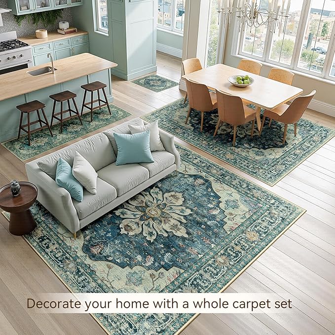 RELEANY Area Rugs 2'x10' Runner Rug Non Slip Washable for Kitchen Hallway Bedroom Beside Laundry Room Bathroom Rug, Floor Carpet, Dark Blue Vintage