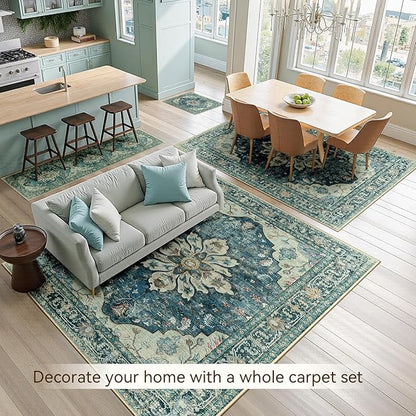 RELEANY Area Rugs 2'x10' Runner Rug Non Slip Washable for Kitchen Hallway Bedroom Beside Laundry Room Bathroom Rug, Floor Carpet, Dark Blue Vintage