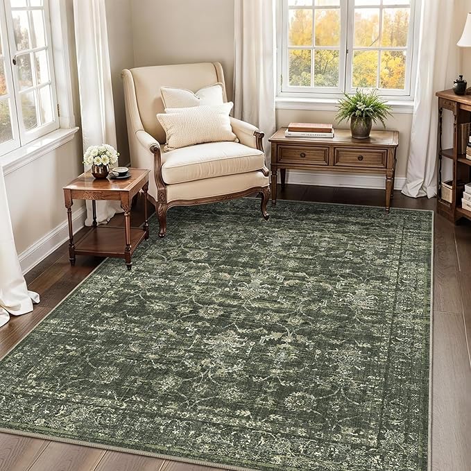 4x5 Green Washable Area Rugs for Living Room Vintage Boho Non Slip Rug Distressed Floral Carpet Indoor Retro Soft Low Pile Farmhouse Throw Rug for Bedroom Dining Room Nursery Office