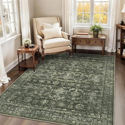 4x5 Green Washable Area Rugs for Living Room Vintage Boho Non Slip Rug Distressed Floral Carpet Indoor Retro Soft Low Pile Farmhouse Throw Rug for Bedroom Dining Room Nursery Office