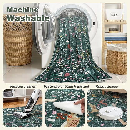 8x10 Area Rugs Washable Rug: Lagre Boho Living Room Rug Soft Non-Slip Thin Carpet Indoor Floor Non-Shedding Neutral Floral Carpets for Bedroom Dining Room Farmhouse Nursery Dark Green