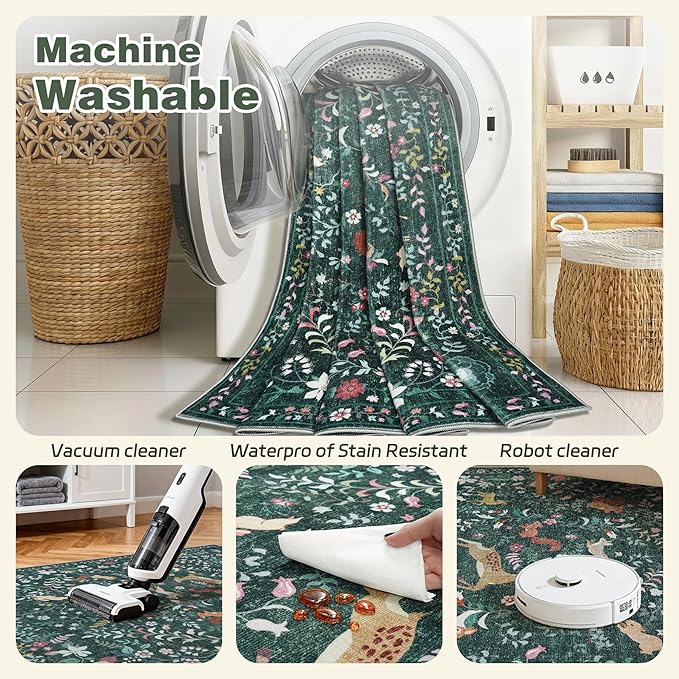 6x9 Area Rugs Washable Rug: Lagre Boho Living Room Rug Soft Non-Slip Thin Carpet Indoor Floor Non-Shedding Neutral Floral Carpets for Bedroom Dining Room Farmhouse Nursery Dark Green