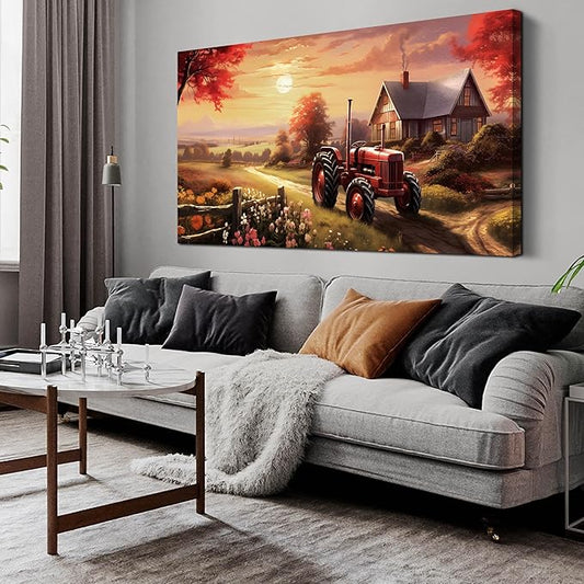 ANCXWOTER Canvas Wall Art Sunset Landscape Canvas Prints Vintage Red Tractor for Living Room Bedroom Office Home Decor Country Farmhouse Artwork 29x59 Inch
