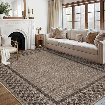 GarveeHome 4x6 Rug Small Washable Living Room Rug Modern Bordered Area Rugs with Rubber Backing Soft Non Slip Low Pile Dining Room Throw Carpet Checkered Geometric Mats for Bedroom Kitchen, Brown